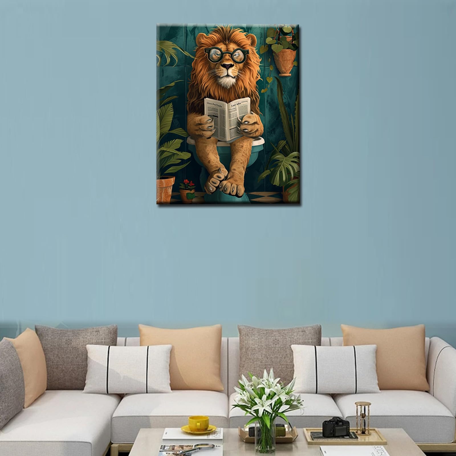 Lustiger Löwe auf Toilette, Leinwand-Kunst, tropische Pflanzen-Poster, niedliches modernes Kunstwerk für Wohnzimmer und Schlafzimmer, gerahmt