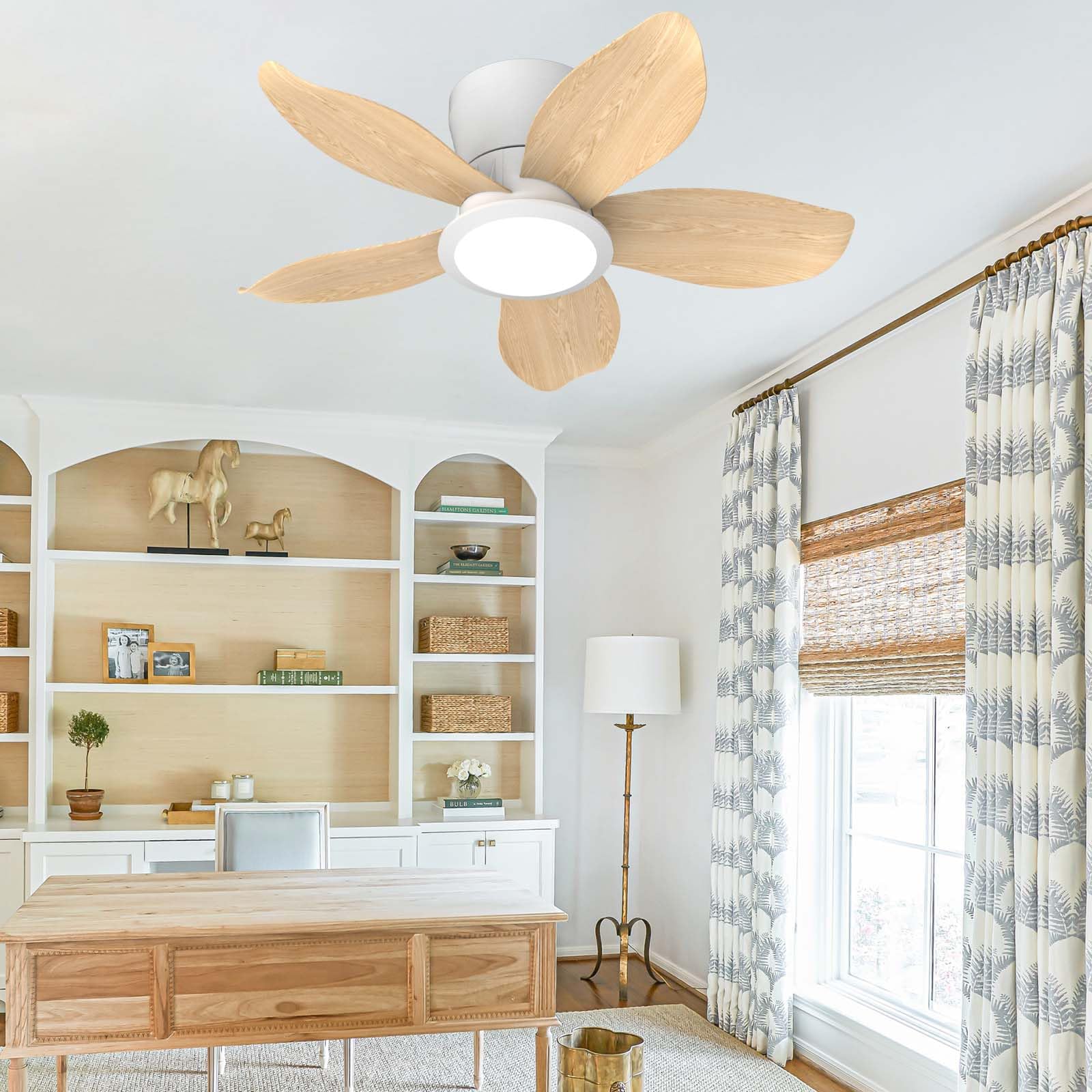 HXYSXHJUO 65CM Smart Ceiling Fan with Light, APP & Remote Control, Dimmable LED, 6 Speeds Timer, Quiet DC Motor Chandelier A for Bedroom Living Room Flush Mount-White Wood Grain