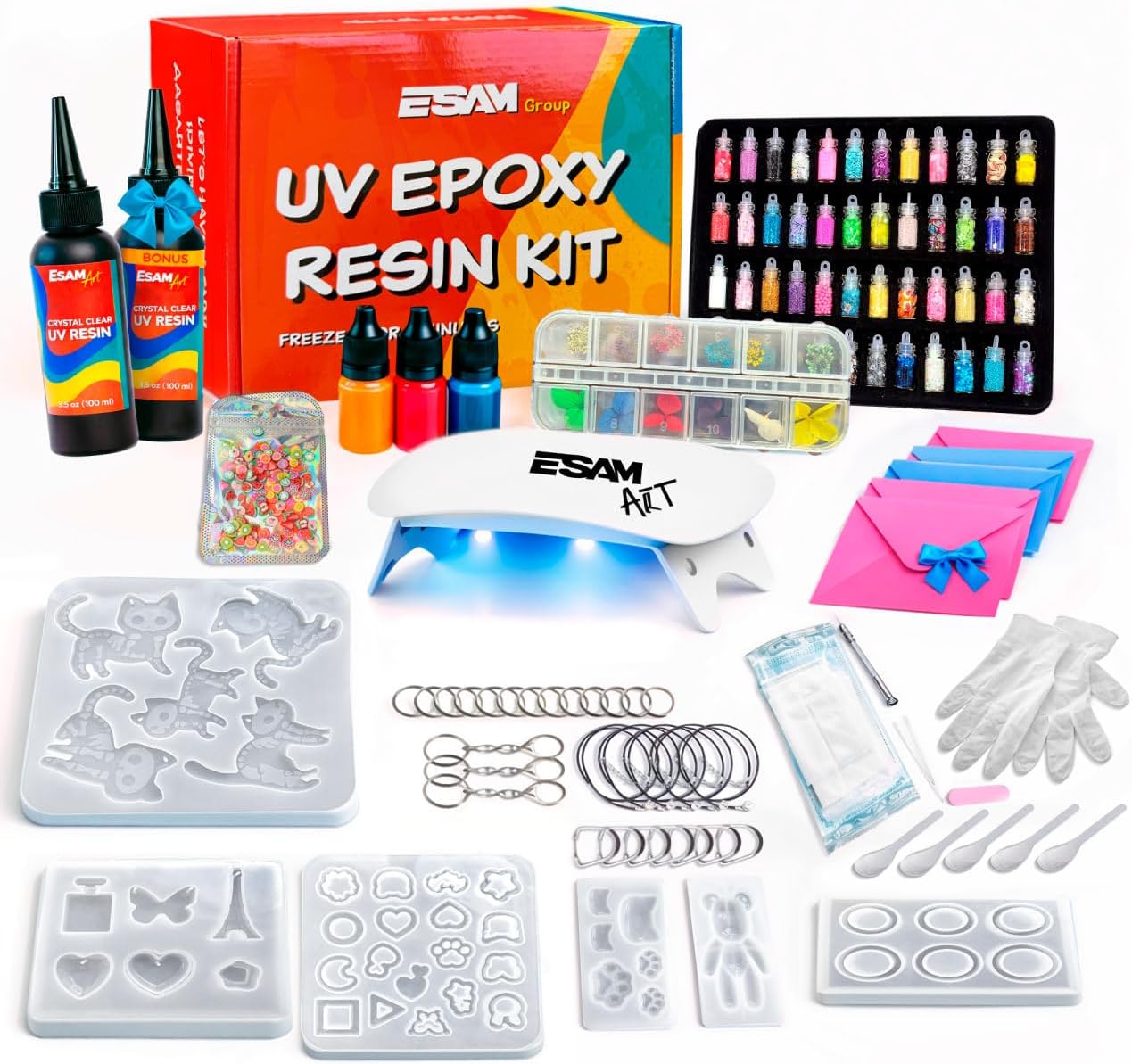 ESAM Group 300 Piece UV Resin Jewelry Making Kit for Kids, Teens & Beginners – Complete Starter Set with UV Lamp, 6 Silicone Molds, 48 Glitter Jars, Pigments, Dried Flowers & Tools