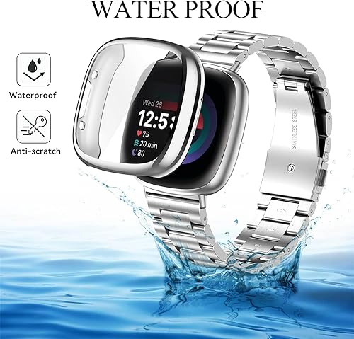 Miniatura 6 de Correa de acero inoxidable sólido para Fitbit Versa 4Sense 2 con funda de reloj, correas de repuesto de metal Versa 3Sense y funda protectora de