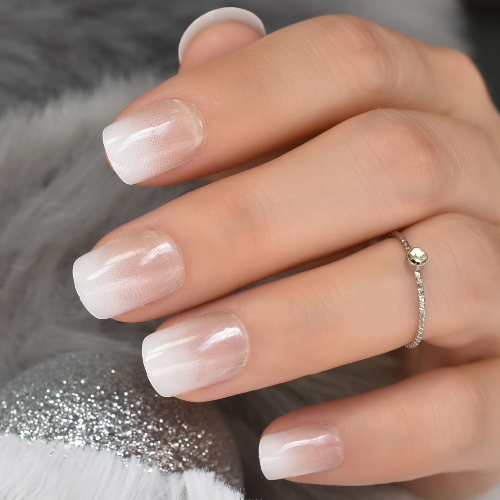 Ombre French Press On Nails Short - IKISKT Fashion Acrylic False Nails, Glue On Nails with Glue Sticker,Fit Perfectly & Natural Stick On Nails - 24PCS