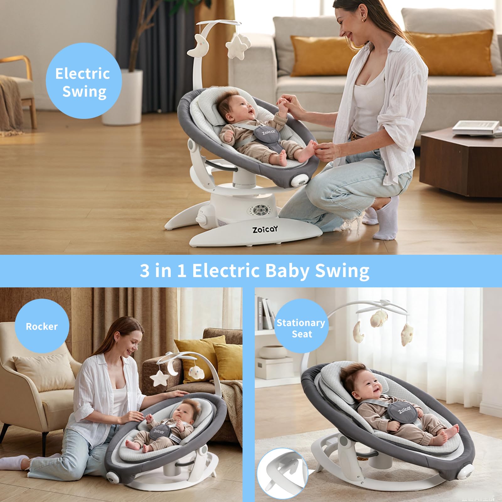 Sdraiette e dondolini con rilevamento del movimento Zoicay 3-in-1 sdraietta neonati regolabile a 360° e bluetooth e telecomando funzione di timer e musica integrata per uso indoor&outdoor (Grigio)