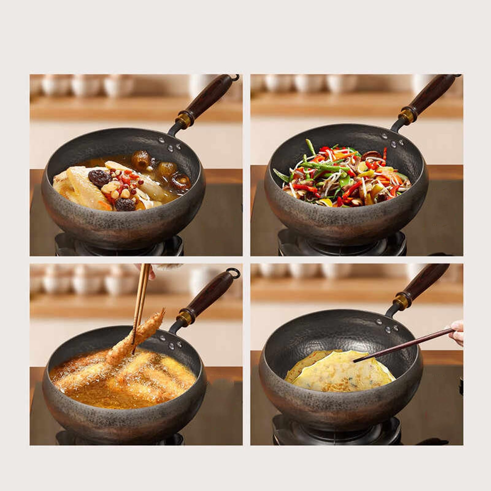 Generico Wok A Fondo Piatto In Ferro Con Coperchio In Legno, Grande In Acciaio Al Carbonio, Padella Multiuso A For Cibo Occidentale E Cinese(26cm)
