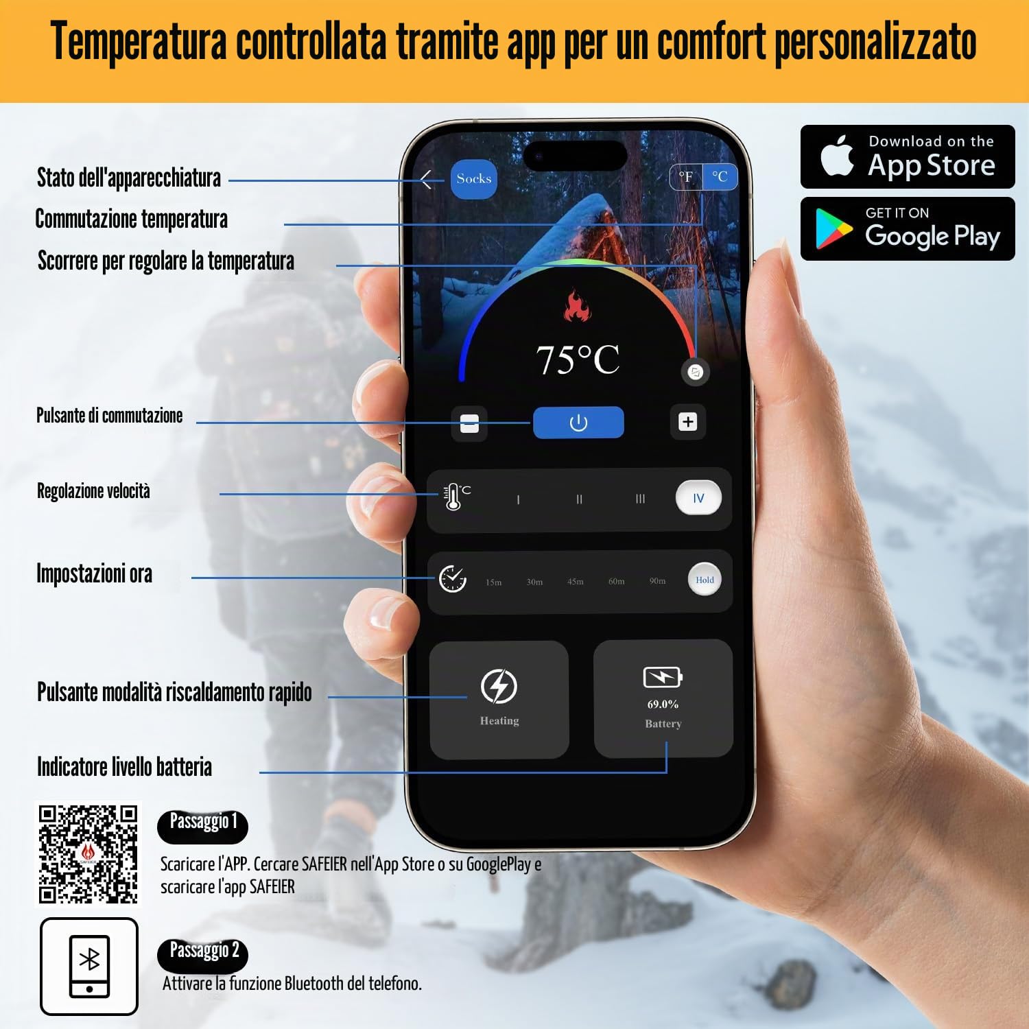 Heated Socks for Men Women, 6000mAh Rechargeable Electric Heated Socks with APP & Battery Dual Control & 4 Heat Levels, Machine Washable Foot Warmers with Laundry Bag for Skiing Hiking Camping