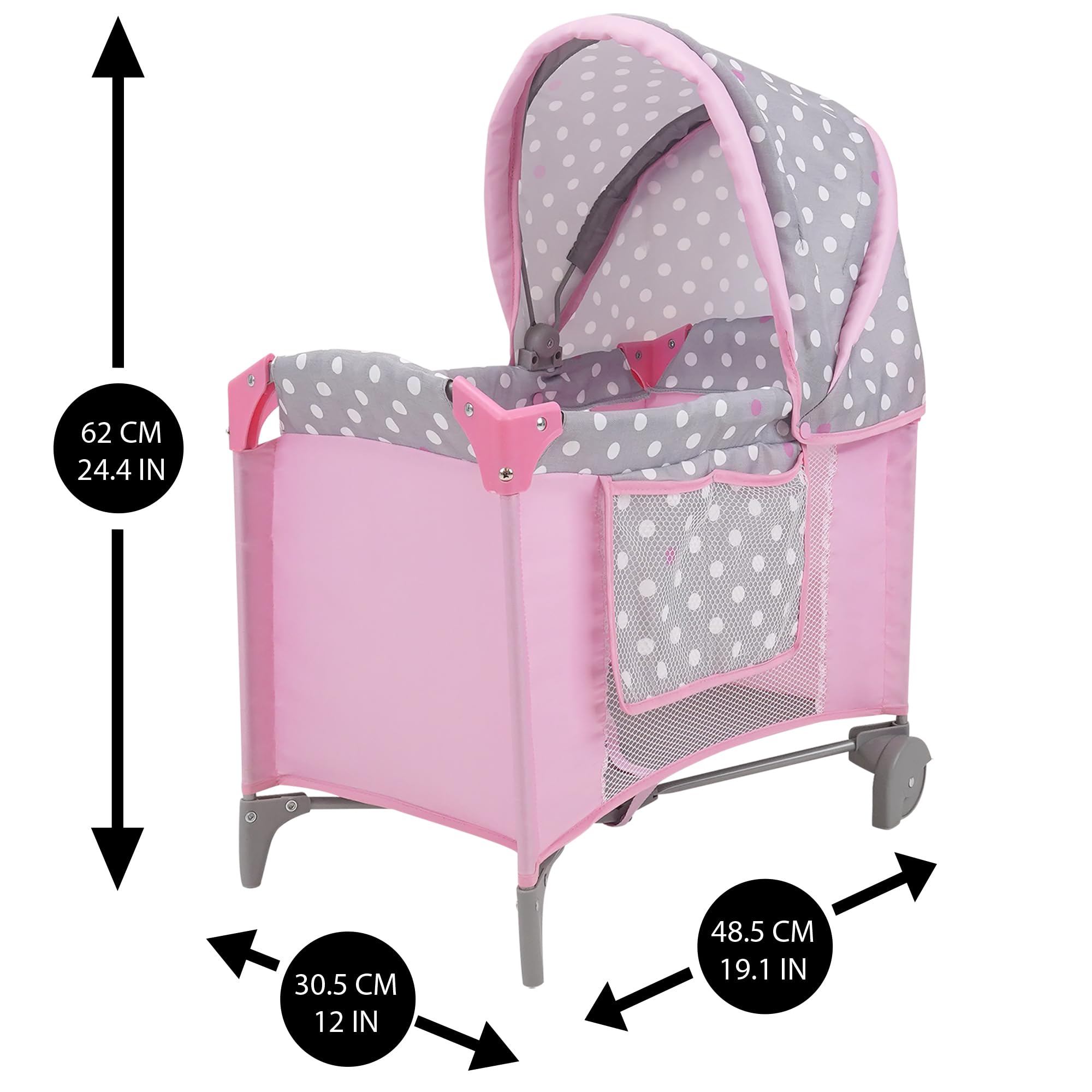 509 Crew: Cotton Candy Pink: Giardino di gioco per bambole - rosa, grigio, a pois - per bambole fino a 45,7 cm, pieghevole, baldacchino retrattile, per bambini dai 3 anni in su
