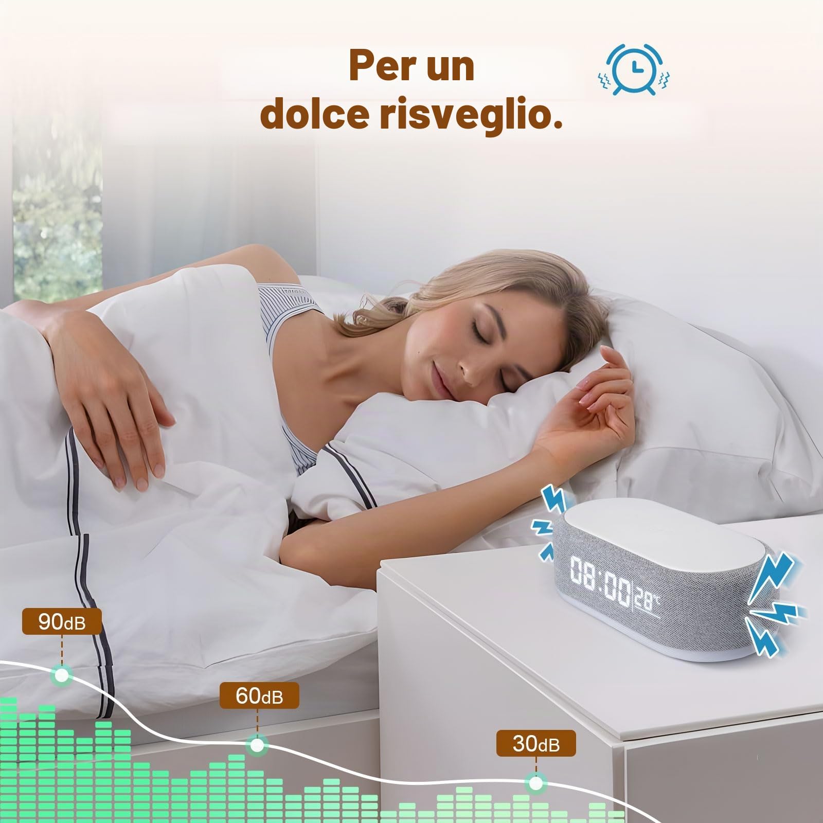4 In1 Sveglia Digitale, Caricatore Wireless, Sveglia intelligente con orologio, termometro e luce LED, luminosità regolabile
