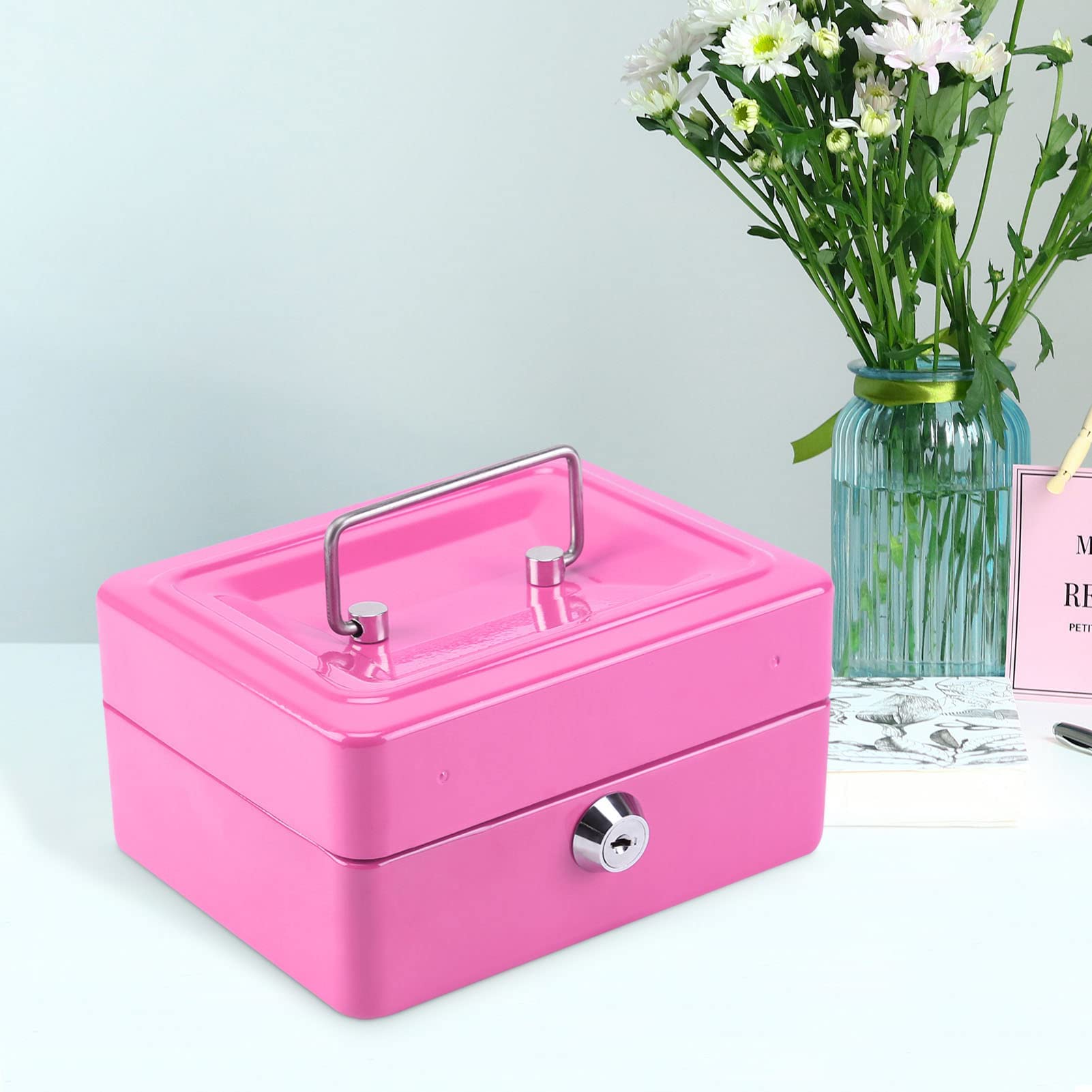 CROWNSHOP Lockable Cash Box 6" Metal Money Box with 2 keys Lockable Portable Petty Cash Money Tin with Removable Change Tray for Home Office and Events (Pink) - Image 6