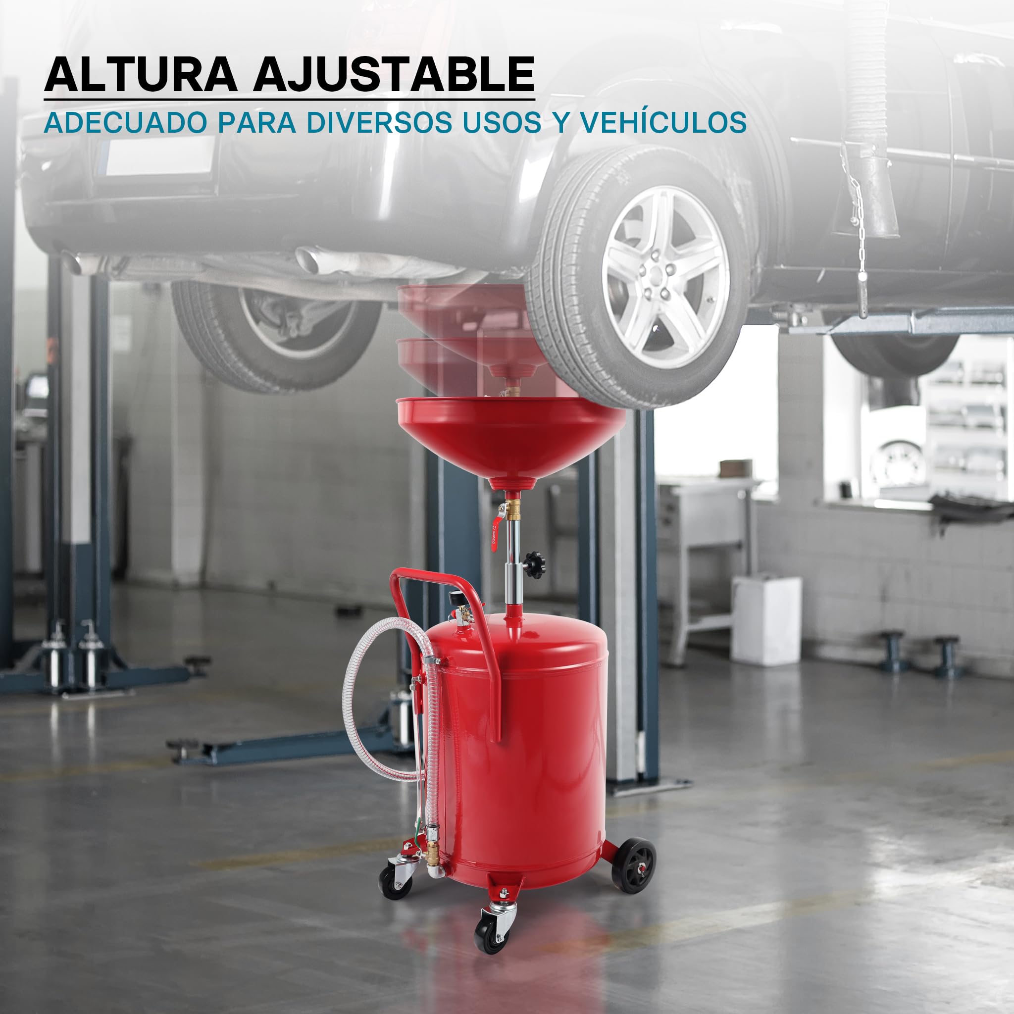 WilTec Recogedor de Aceite Usado 80l, Altura regulable122-168cm y chasis 4 Ruedas, Vaciado Aire a presión