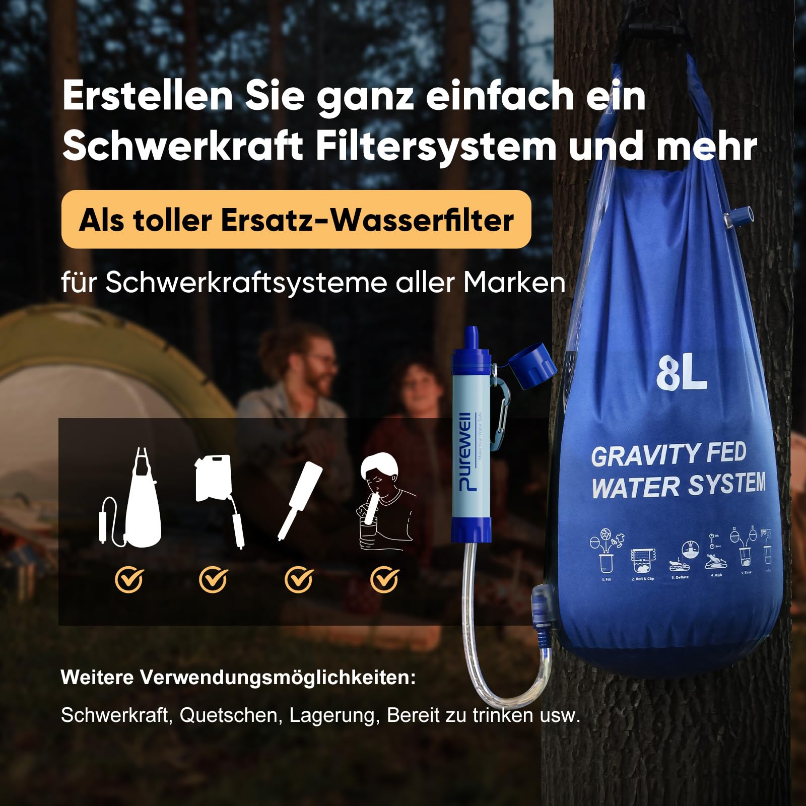 Purewell Outdoor-Wasserfilter – 0,01 μm Ultrafeinfilter entfernt 99,99% Bakterien & Schwermetalle | 1500 Litern Filterkapazität | Tragbarer Trinkwasserfilter mit Karabiner für Survival & Outdoor