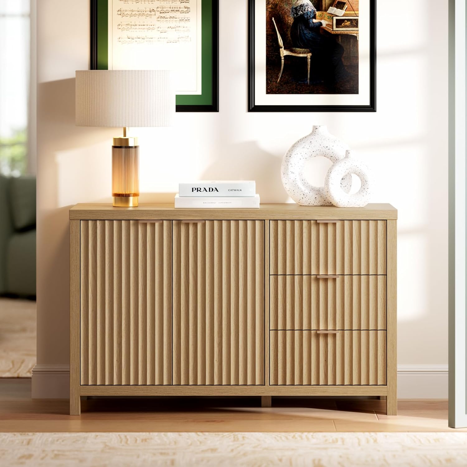 OAKHAM HOME Fluted Sideboard Cabinet 46.6'' Buffet Cabinet with 2 Doors and 3 Drawers Modern Storage Credenza with Adjustable Shelves for Living Room, Entryway or Kitchen, Golden Oak