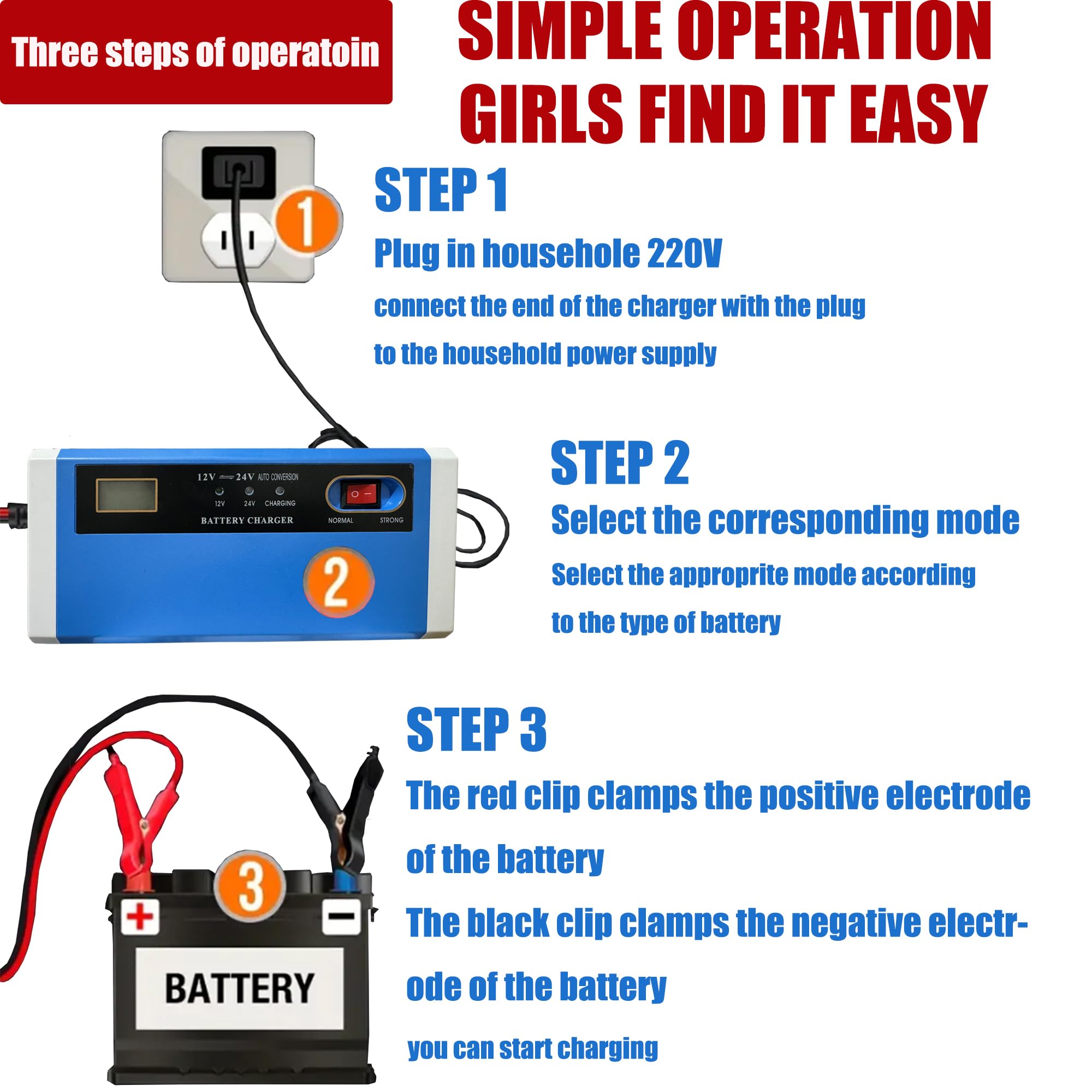 Chargeur de batterie Joelrise 10 A 12 V et 24 V Chargeur de batterie de voiture intelligent entièrement automatique avec mainteneur de batterie, chargeur d'entretien et désulfateur de batterie, avec compensation de température Image du produit 4
