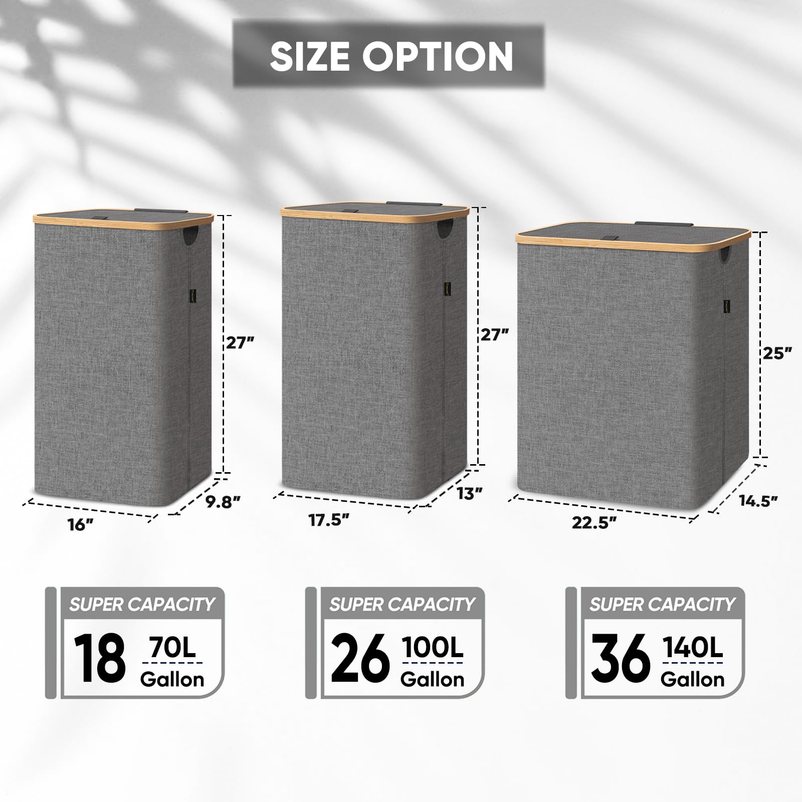 BALEINE BALEINE Laundry Hamper with Lid, Tall Laundry Baskets with Bamboo Pull Handles, Large Laundry Bin with Internal Support (26 Gal/100L, Grey) in use