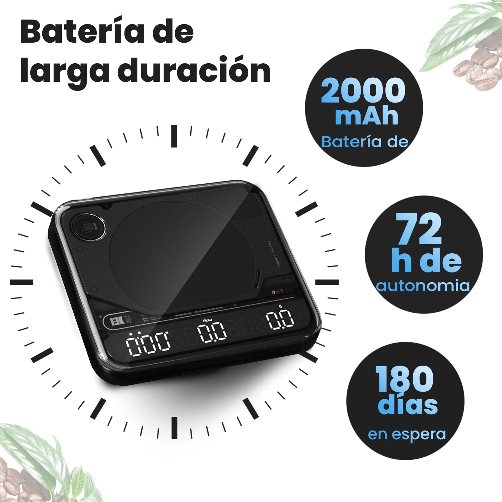BOOKOO Báscula de Café con Temporizador, Báscula Espresso 0,1 g, 2000 g, 4 Modos, Bluetooth App, Control de Flujo, IP67, Batería 2000 mAh 72 h, USB-C, Espresso y Pour Over, Negra