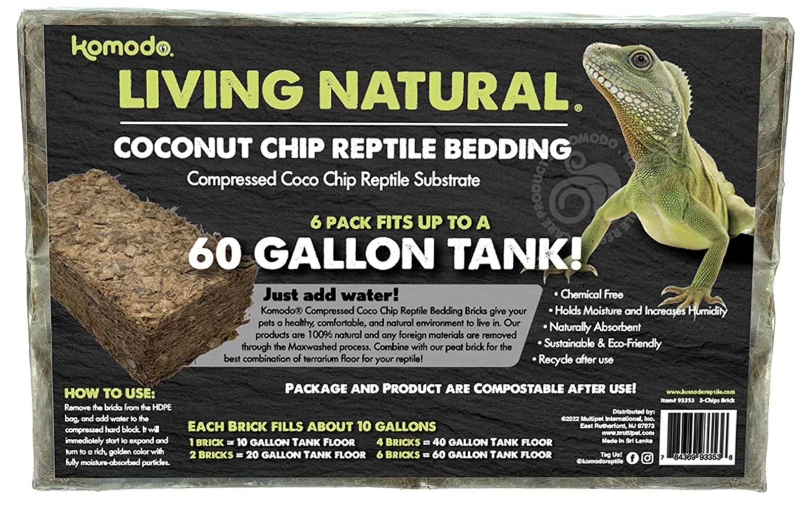 Komodo Kokosfaser-Chips, 3 Stück, 100 % natürliche Kokosfaser, Reptilien-Terrarium, speichert Feuchtigkeit für die Regulierung der Feuchtigkeit, passend für einen Tank bis zu 18 Liter