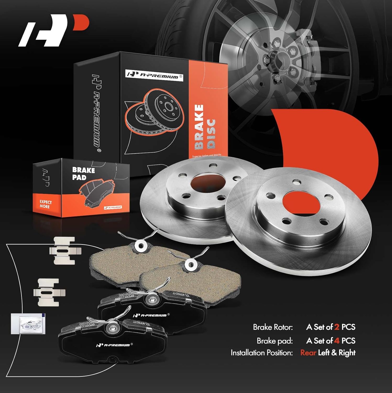 A-Premium 10.08 in (256mm) Rear Solid Disc Brake Rotors + Ceramic Pads Kit Compatible with Select Ford, Lincoln and Mercury Models - Taurus 1993-2005, Continental 1993-2002, Sable 1993-2005, 6-PC Set