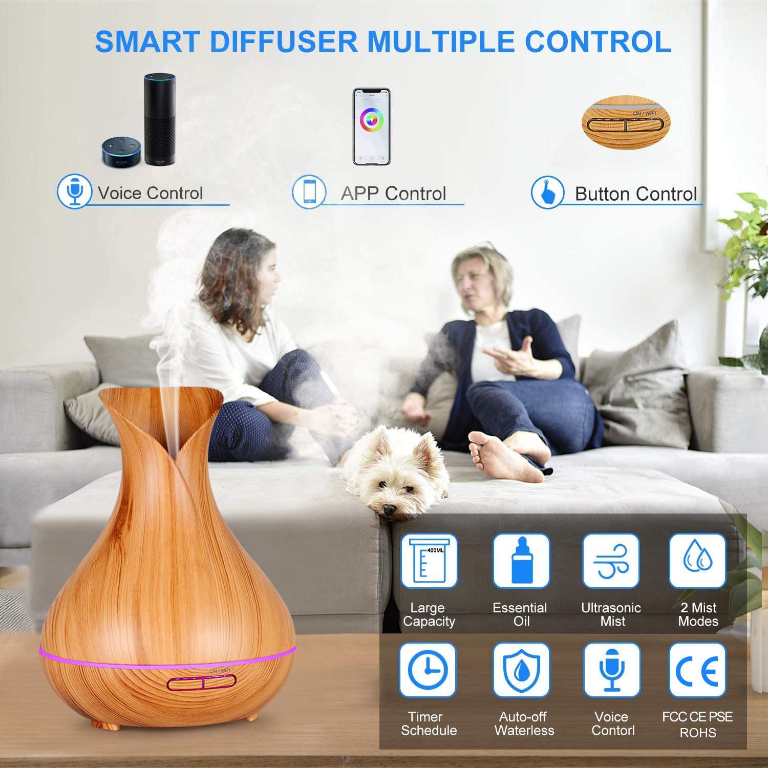 Diffusore di oli essenziali wireless Smart WiFi, compatibile con Alexa e Google Home, app per telefono e controllo vocale, grande diffusore a ultrasuoni, impostazioni LED e timer (marrone chiaro)