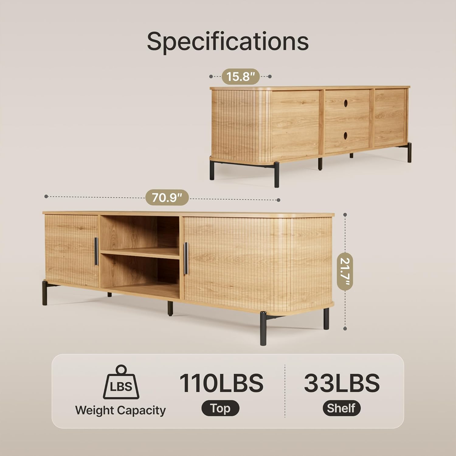 SUNCOZE 70" Mid-Century Fluted TV Stand with Storage, Modern Entertainment Center for TVs up to 80 Inch with Sliding Tambour Doors & Open Shelves, Media Console for Living Room or Bedroom, Wood