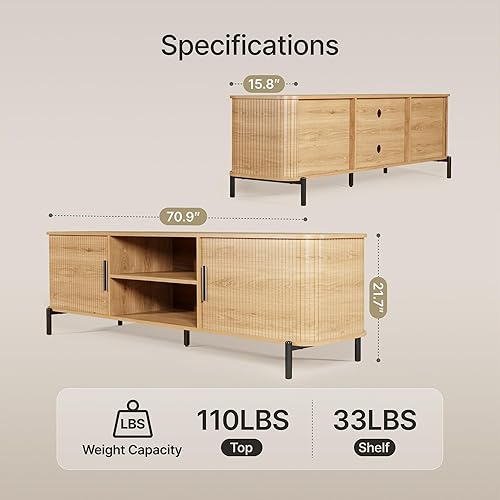 Miniatura 2 de SUNCOZE Soporte de TV acanalado de mediados de siglo de 70 pulgadas con almacenamiento, moderno centro de entretenimiento para televisores de hasta
