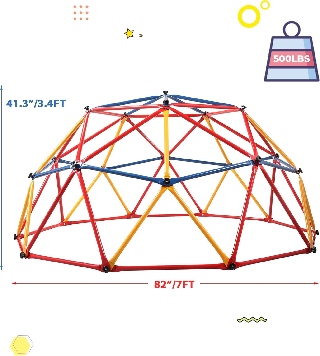 Diagram showing the dimensions of the 7ft geometric climbing dome.
