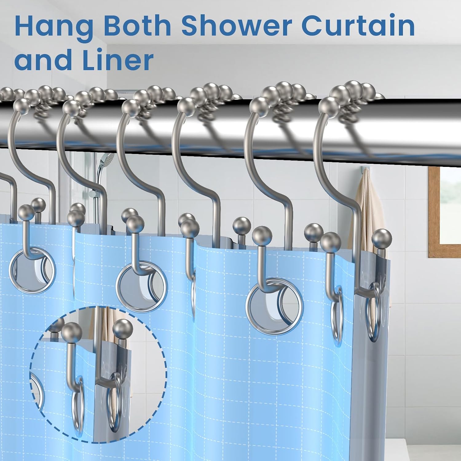 Matte Nickel Shower Curtain Hooks Double Sided with Roller Balls