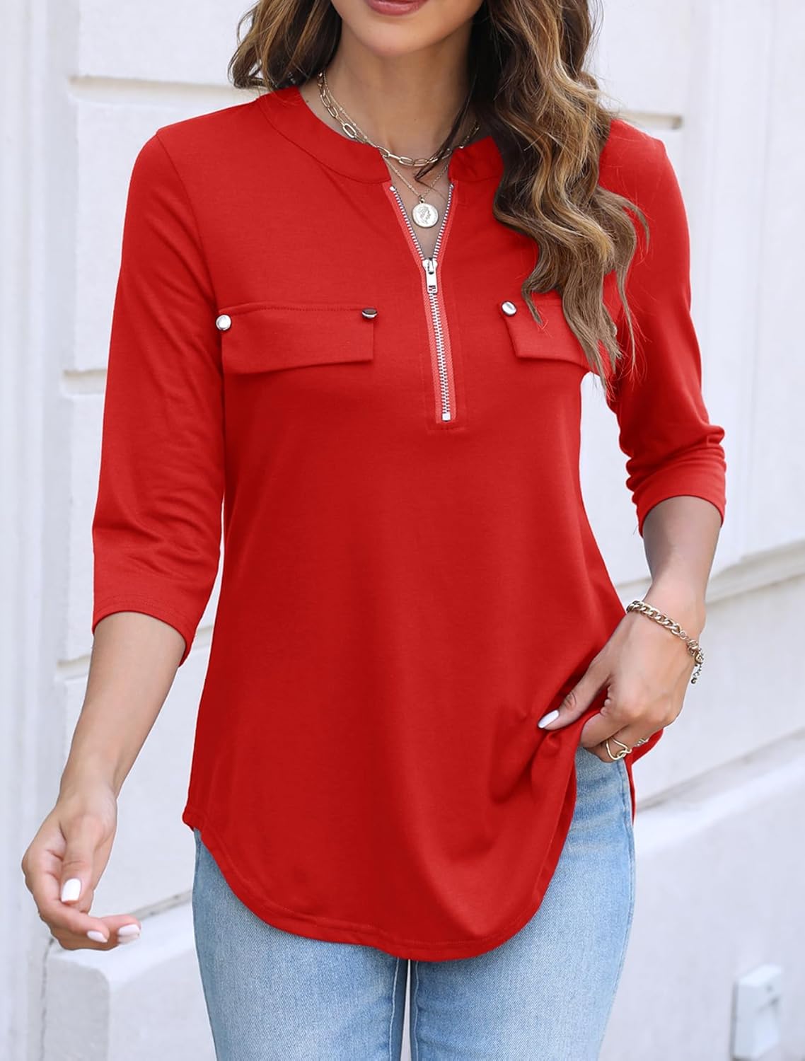 Halife Women's 3/4 Length Sleeve V Neck Flowy Tunic Blouses Work Tops Shirts with Zippers - Image 2