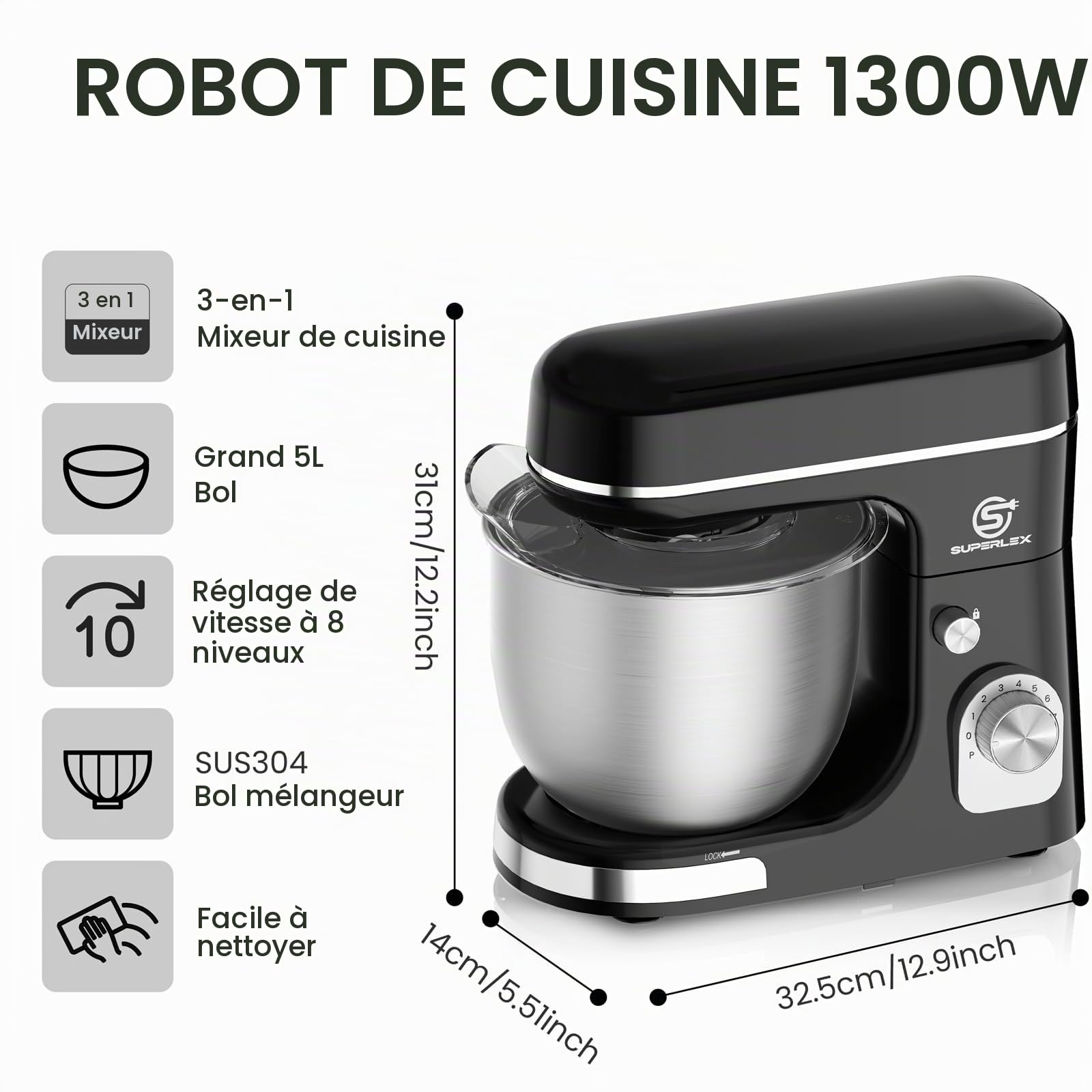 Robot de Cuisine 3 en 1 avec 1300W et Bol en Acier Inoxydable 5L Robot Multifonction avec 8 Vitesses Pétrin et Mixeur avec Crochet à Pâte, Batteur Plat et Fouet pour Pâtes Crèmes Sauces