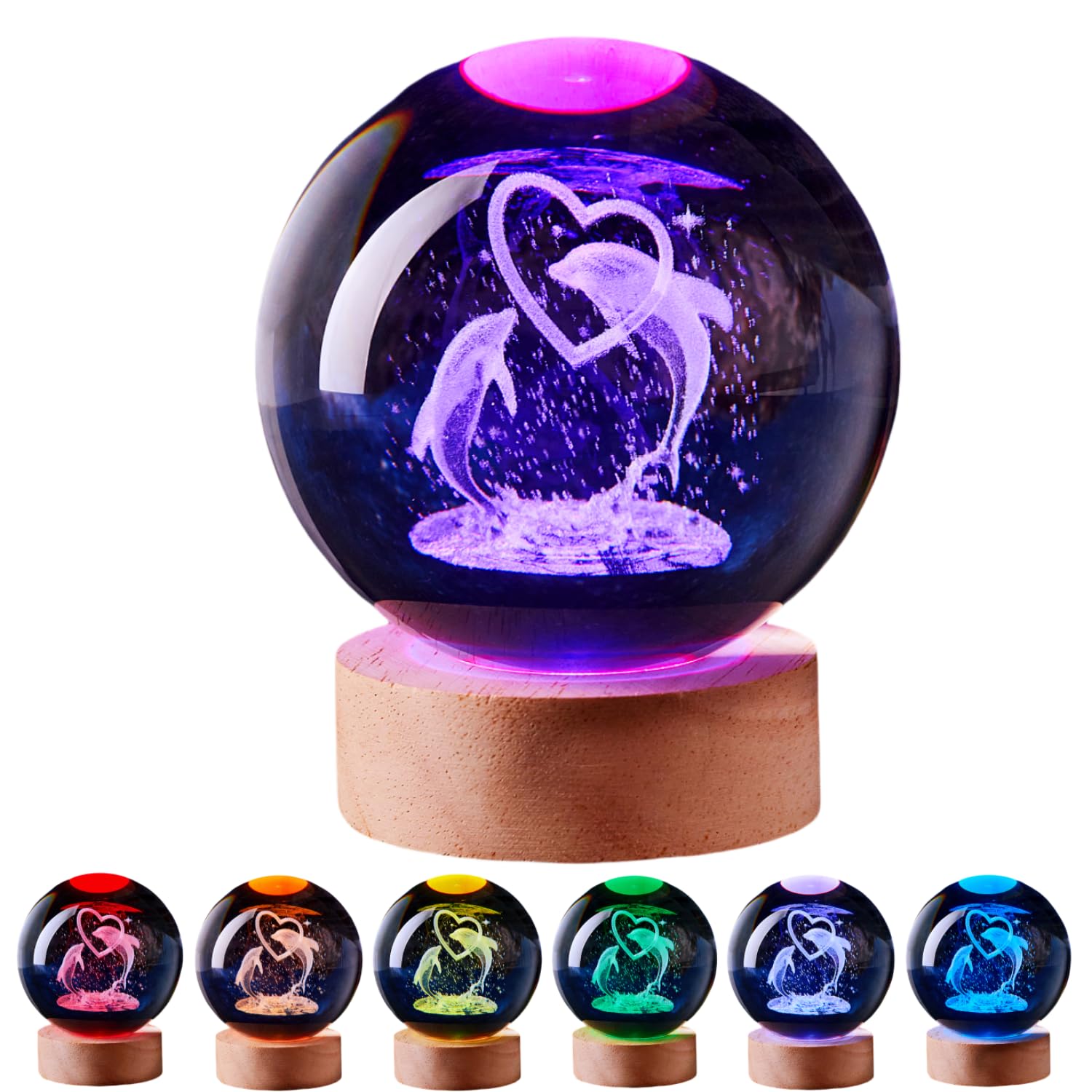 Dolphin Crystal Ball Lamp,3D 3.15 inch K9 Crystal Ball Night Light with Wooden Base Lamp for Room,Dolphin Light Gift,16 Colors Change with Remote Control (D)