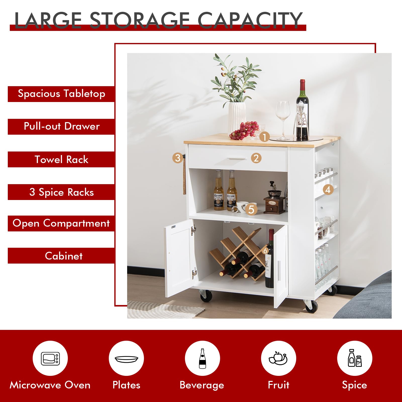 KOMFOTTEU Carro de Cocina con Ruedas, Carrito de Servicio con 3 Estantes Laterales, Armario de Puertas y Cajón, Isla de Almacenamiento con Toallero, Buffet de Comedor, 82 x 46 x 92 cm (Blanco)