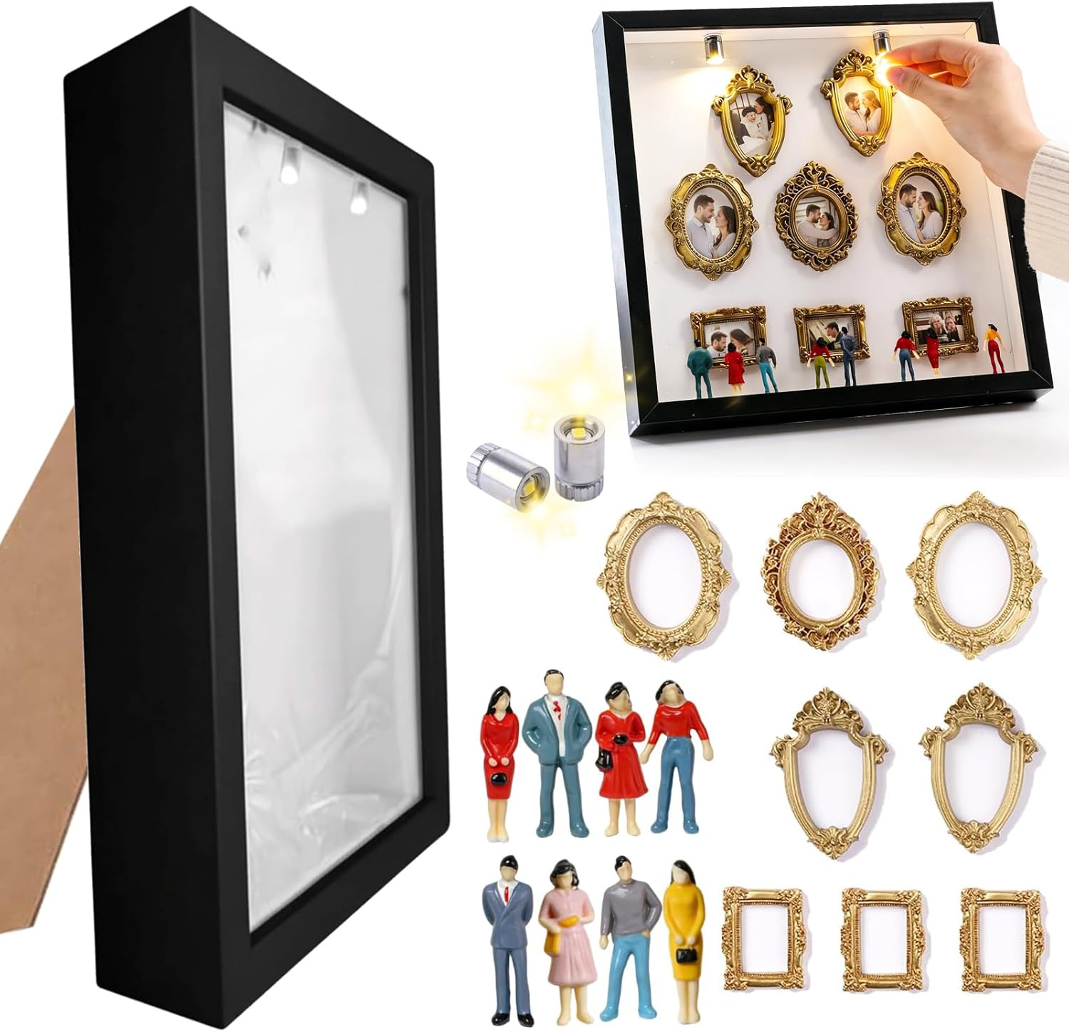 DIY Mini Gold Frames Silhouette Box,2026 Upgrade Shadow Box Frame Display Case,7pcs Mini Museum Figurines & 8pcs Mini Gold Frames, for Anniversary, Wedding, Birthday & Home Decor