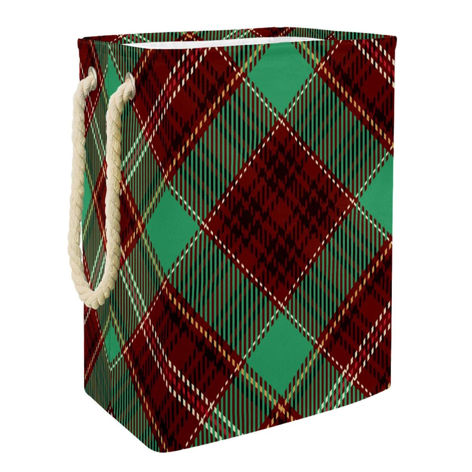 Grand panier à linge écossais rouge et vert avec poignées pour rangement