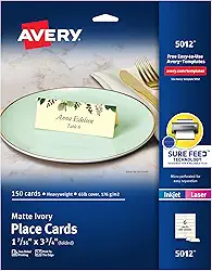 Avery Cartões de lugar imprimíveis com tecnologia Sure Feed, 4 x 9 cm, marfim texturizado, 150 cartões de barraca em branco para impressoras a laser ou jato de tinta (5012)
