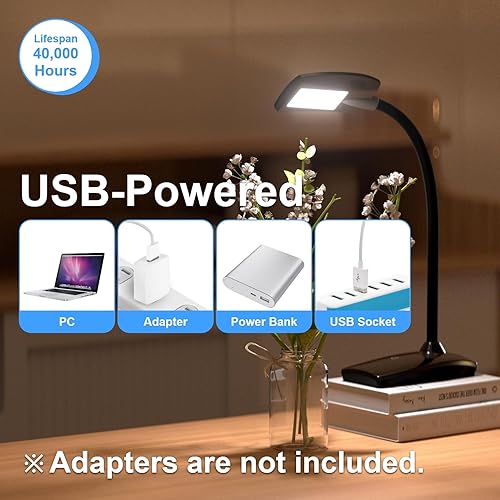 Miniatura 6 de Lámpara de escritorio LED de 3 brillos regulables para el cuidado de los ojos, lámpara de mesa negra, cuello de cisne flexible, luz de escritorio
