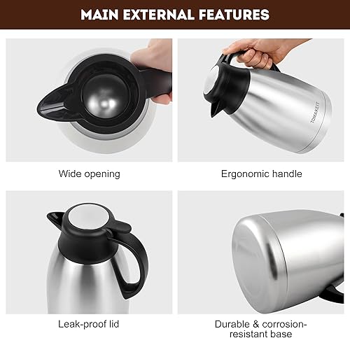 Miniatura 17 de Jarra térmica de café de 2L/68 onzas, doble pared al vacío de acero inoxidable 304, termo aislado de acero inoxidable, 24 horas mantiene el Negro