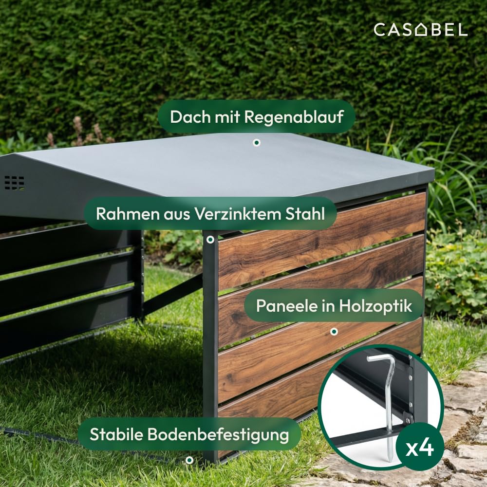 CASABEL Mähroboter-Garage aus verzinktem Stahl, Satteldach | Wetterschutz, robuster verzinkter Stahl, Satteldach, universeller Unterstand, Holzoptik, einfache Montage