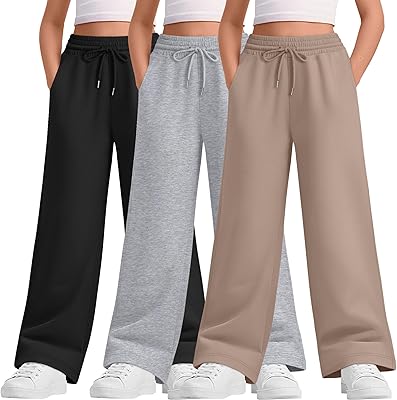 3 Packs Teen Girls Sweatpants Wide Leg Drawstring Baggy Pants Straight Leg Athletic Trousers with Pockets Size 5-14