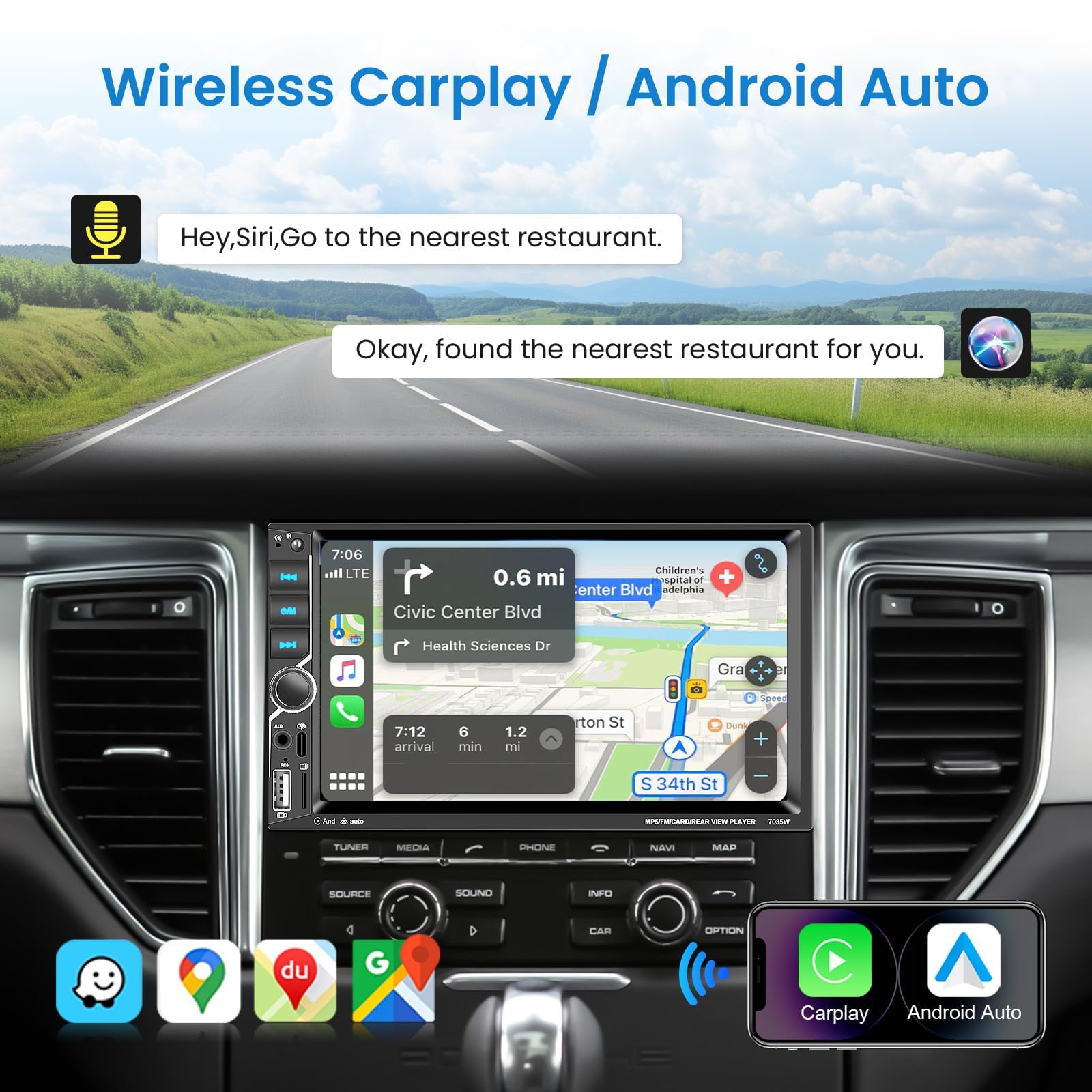 VECHTEL Autoradio 2 Din avec Carplay Android Auto sans Fil, 7 Pouces Écran Tactile Stéréo Voiture Bluetooth, Radio FM, Type-C/USB/TF/AUX, Mirror Link, Caméra de Recul, Télécommande