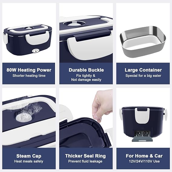 Electric Heated Lunch Boxes Adults: 80W Electric Lunch Box Food Heated 12/24/110V 1.5L Heatable Lunch Box for Car/Truck/Office Leak-Proof Stainless Steel Container, Fork & Spoon, Bag (Blue+White)