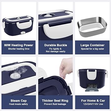 Electric Heated Lunch Boxes Adults: 80W Electric Lunch Box Food Heated 12/24/110V 1.5L Heatable Lunch Box for Car/Truck/Office Leak-Proof Stainless Steel Container, Fork & Spoon, Bag (Blue+White)