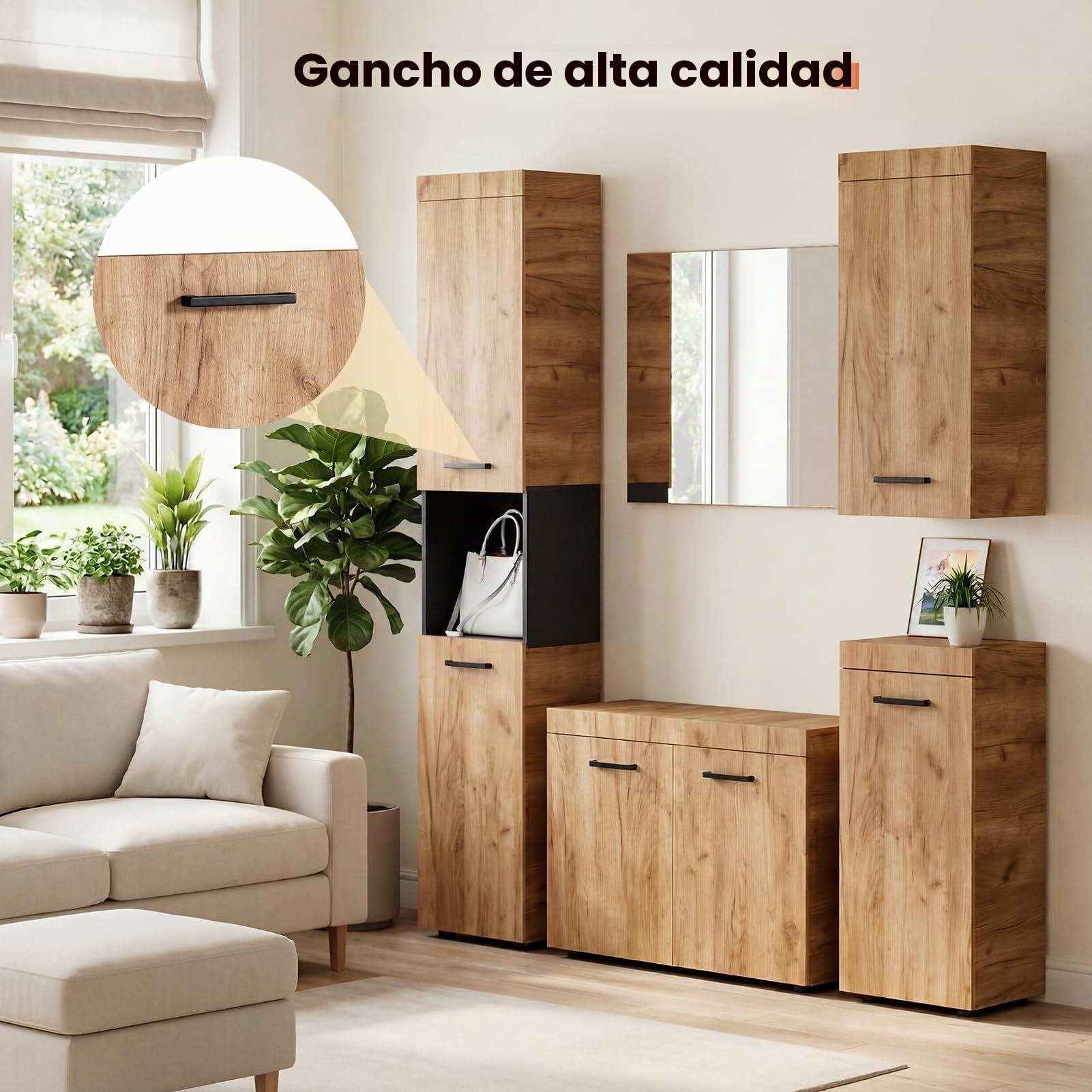HAUSPROFI Juego de 5 percheros de pasillo con espejo, zapatero de doble puerta, zapatero largo, armario de madera para pasillo y baño