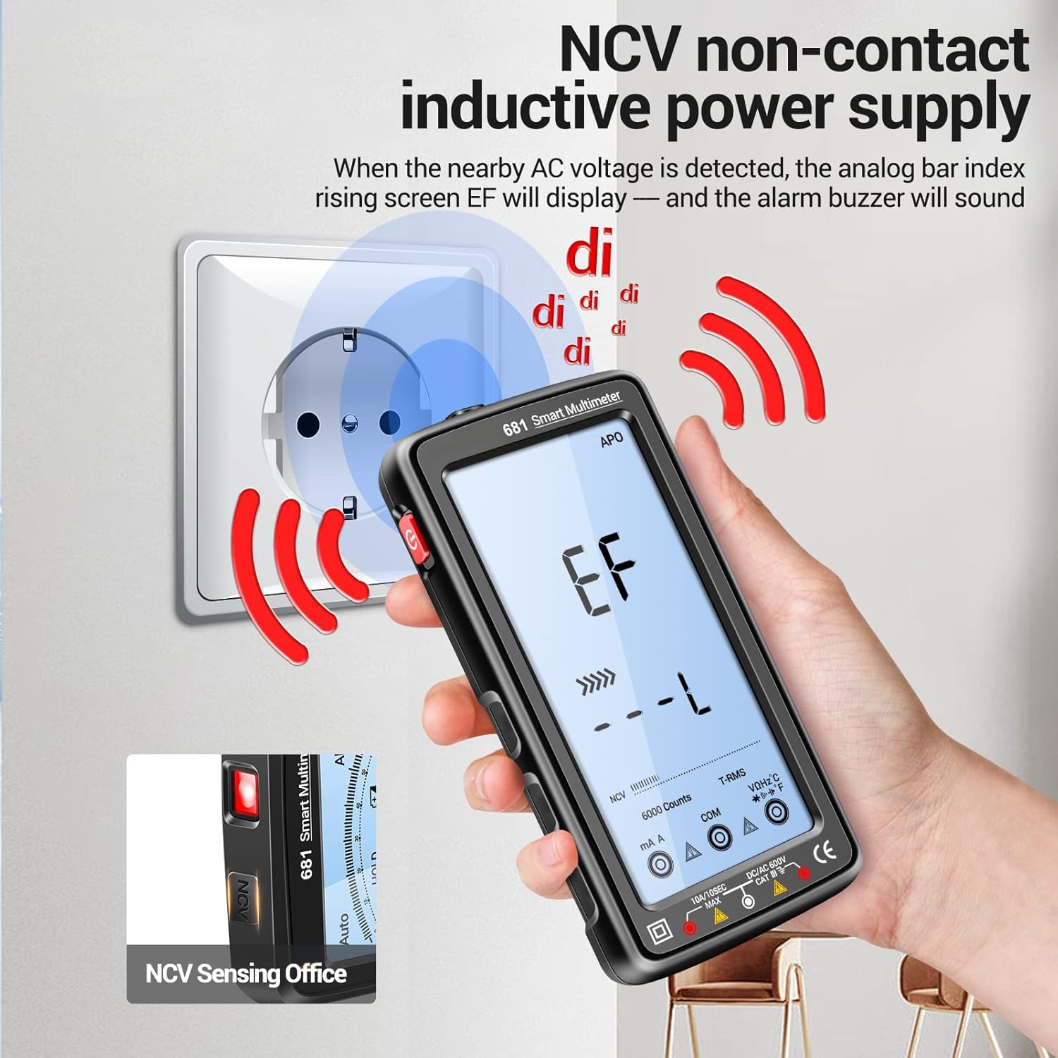 ANENG 681 Multimeter performing NCV non-contact inductive power supply detection