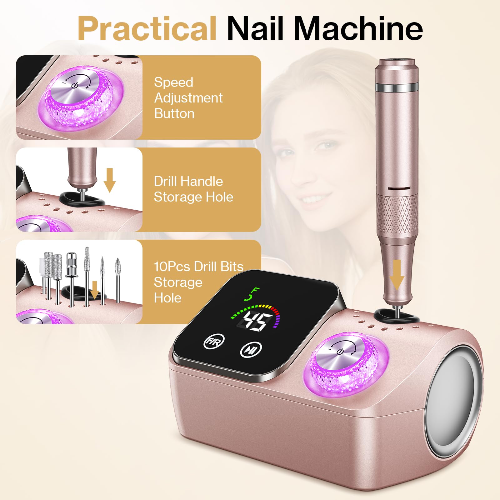 Urbuti Torno para Uñas Profesional 45000 RPM, con 12 Cabezales de Pulido, Pantalla Táctil LCD, Perilla de Cristal, Lima Portátil para Uñas Acrílicas y de Gel (Oro Rosa)