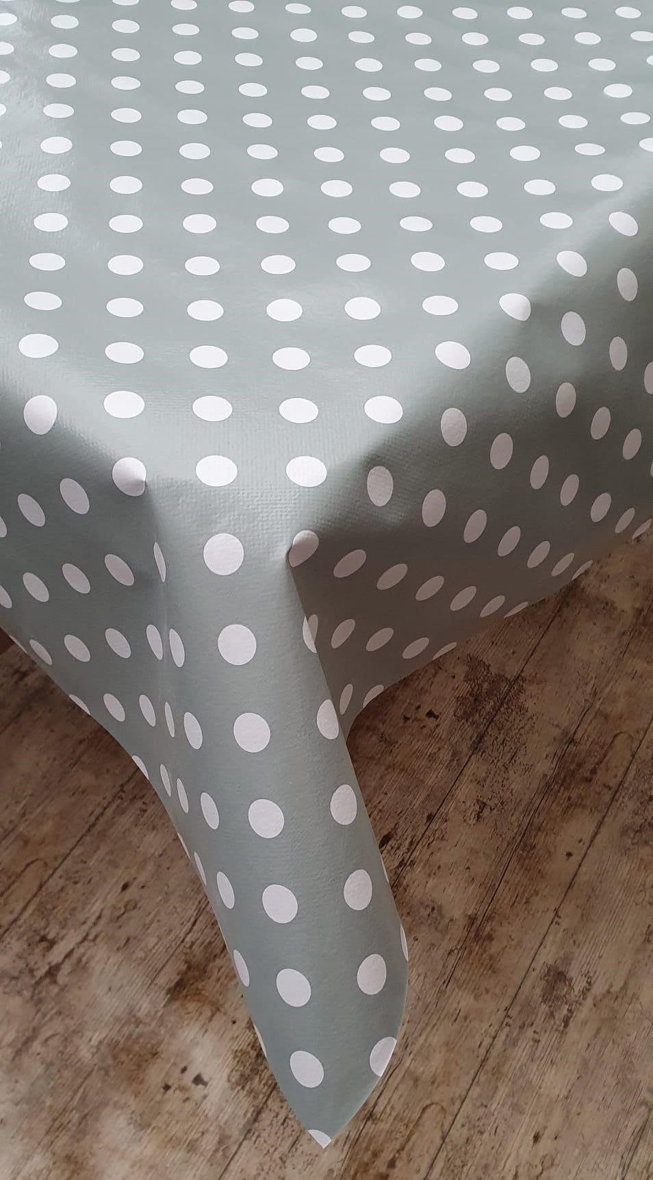 Designers247 Plain Light Grey White Polka Dots PVC Plastic Table Cloth Light Slate Grey Dotty Spots Oil Vinyl Party Table Cloth Cover Protector (Round 122cm 48" inches Diameter)