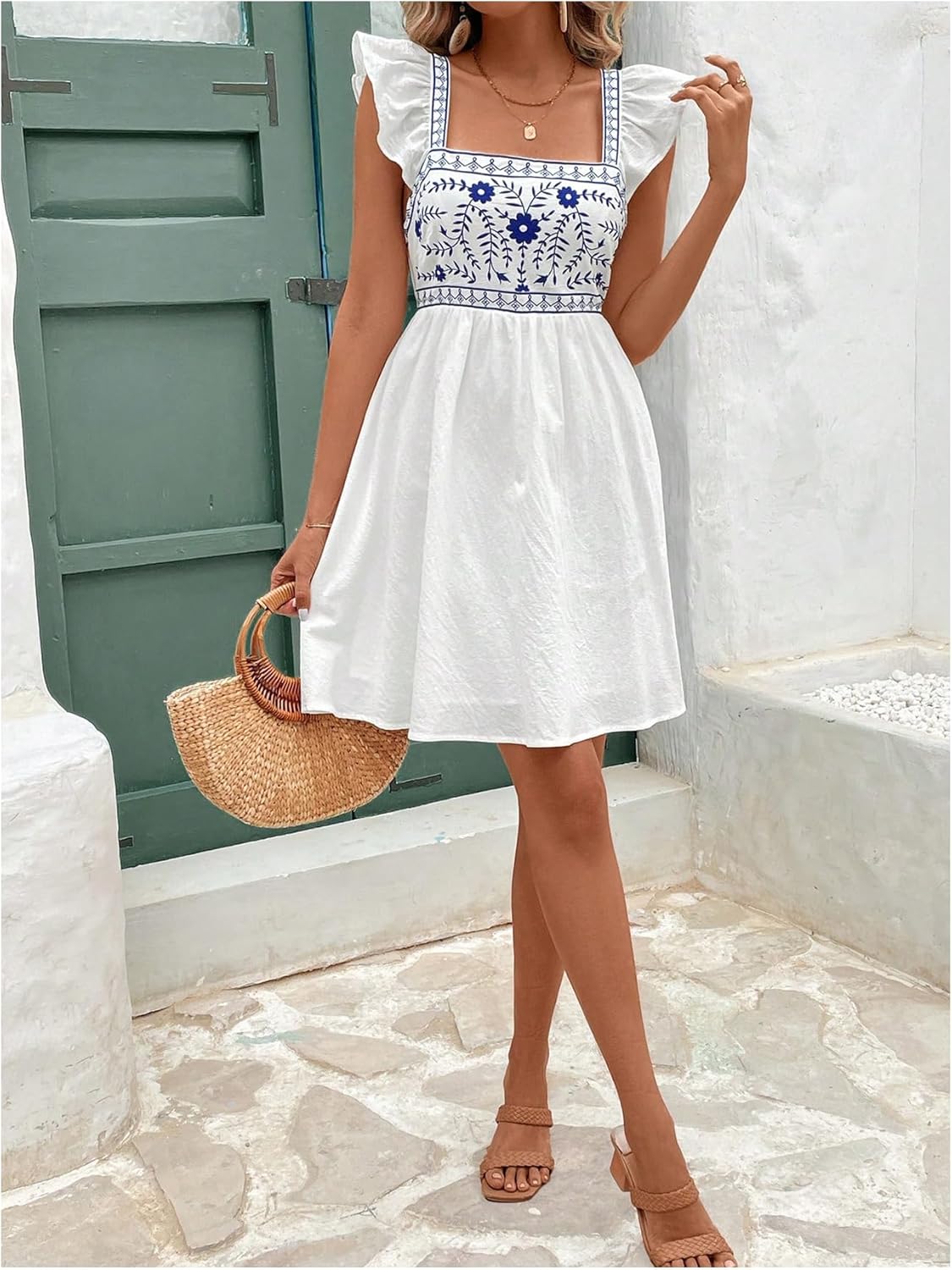 MakeMeChic Women's Boho Mini Dress Square Neck Cap Sleeve Knot Back Flowy Beach Vacation Summer Dresses - Image 2