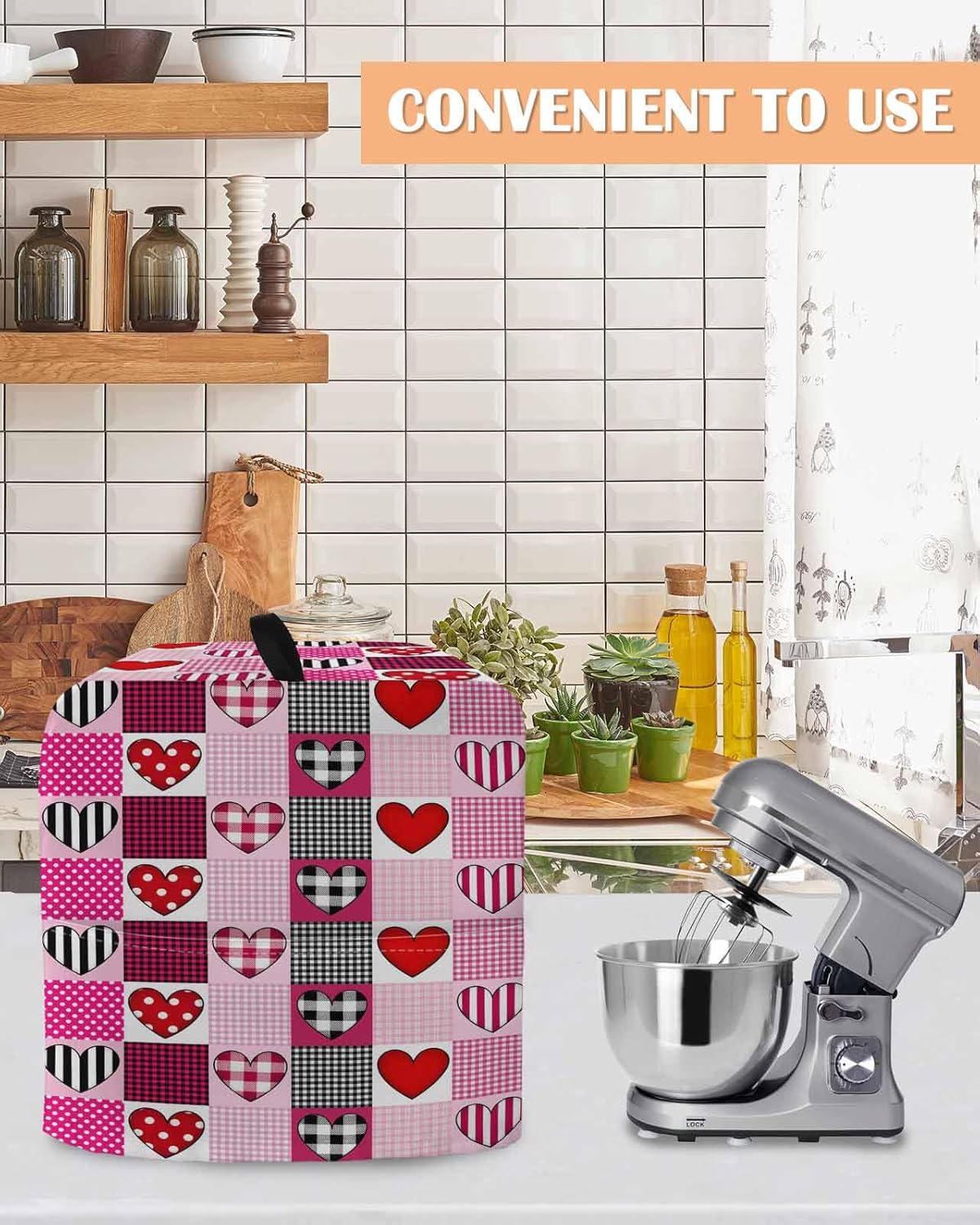 Stand Mixer Cover with Storage Pocket, Valentine's Day Waterproof Kitchen Mixer Covers, Pink Black Checked Love Hearts Romantic Kitchen Appliance Dust Cover Compatible with 5-8 Quart Mixers