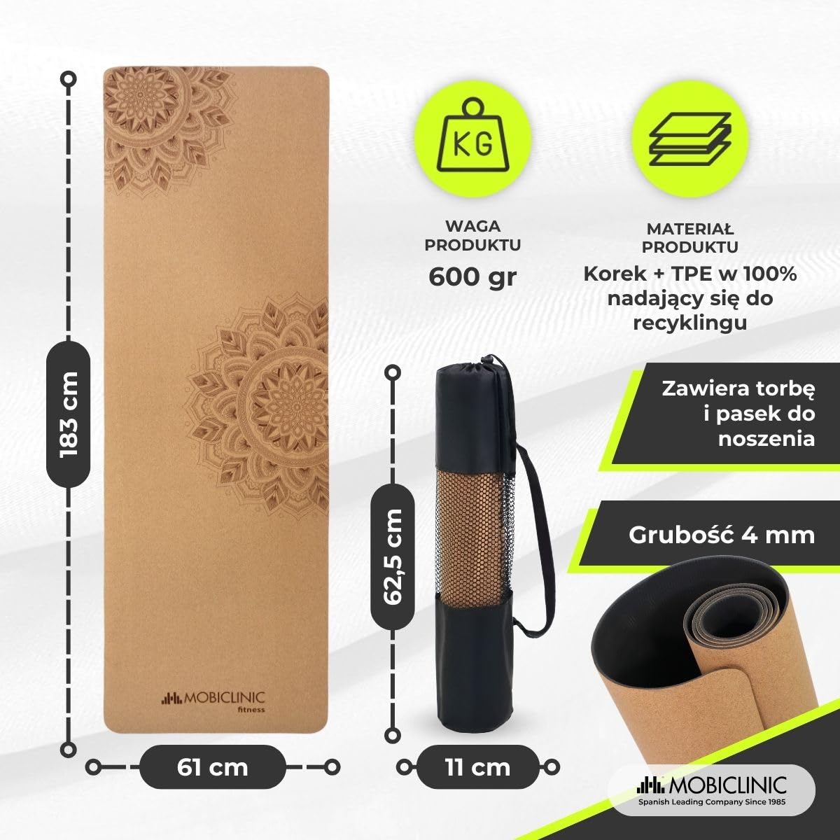 Mobiclinic®, Mata do jogi z naturalnego korka, Antypoślizgowa, Torba transportowa, Antybakteryjna, Grubość 4 mm, Tpe w 100% recyklingu, 183x61cm, Wzór mandali, Ey-02, Joga, Pilates, Fitness