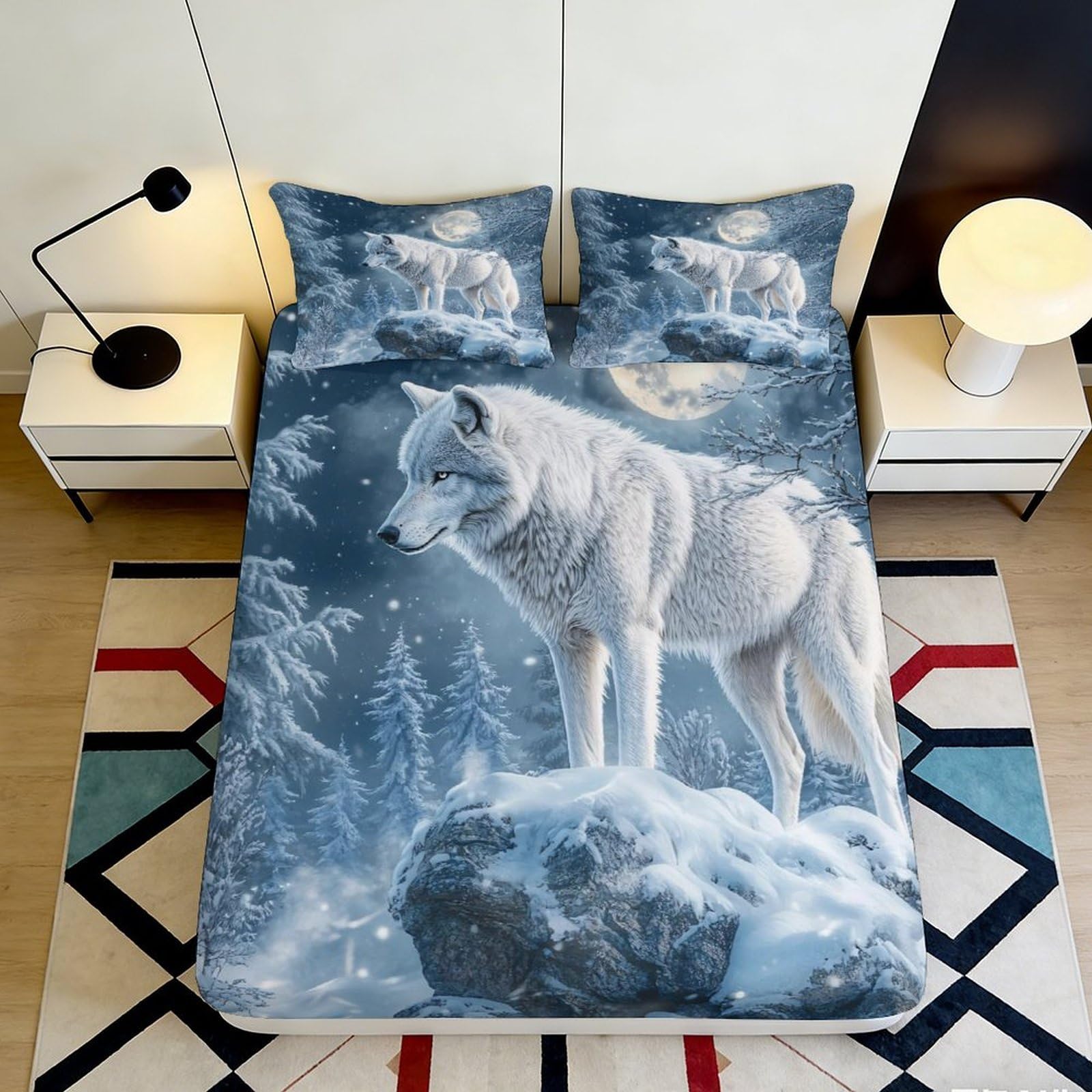 Jqzkxnhpbr Style-5 3D Printed White Wolf Fitted Sheet Microfiber Soft Breathable Forest Moon Bed Sheet For Bedroom Dorm Decor 90X200x25cm