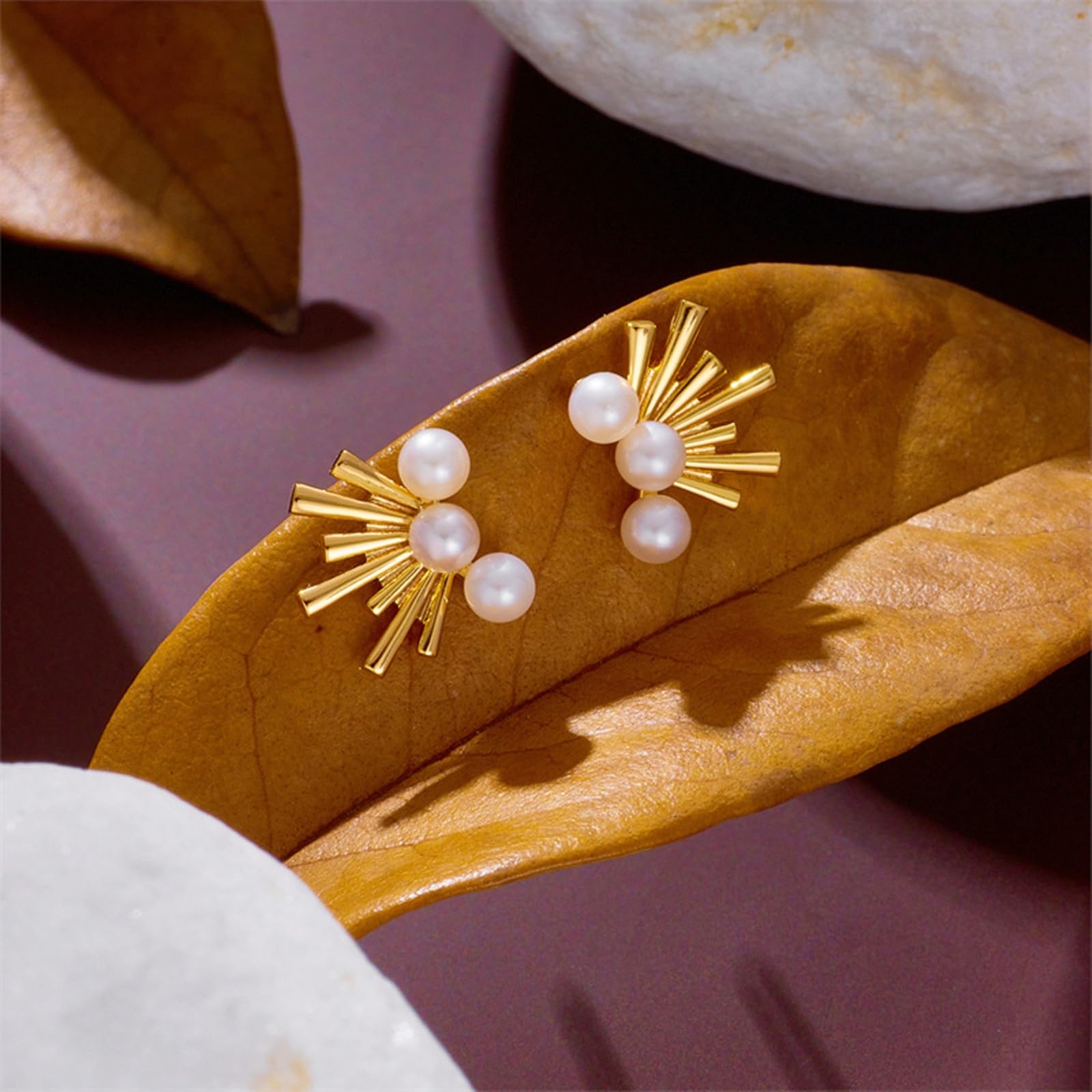Pendientes geométricos de oro amarillo de 9K/14K/18K para mujer con perla