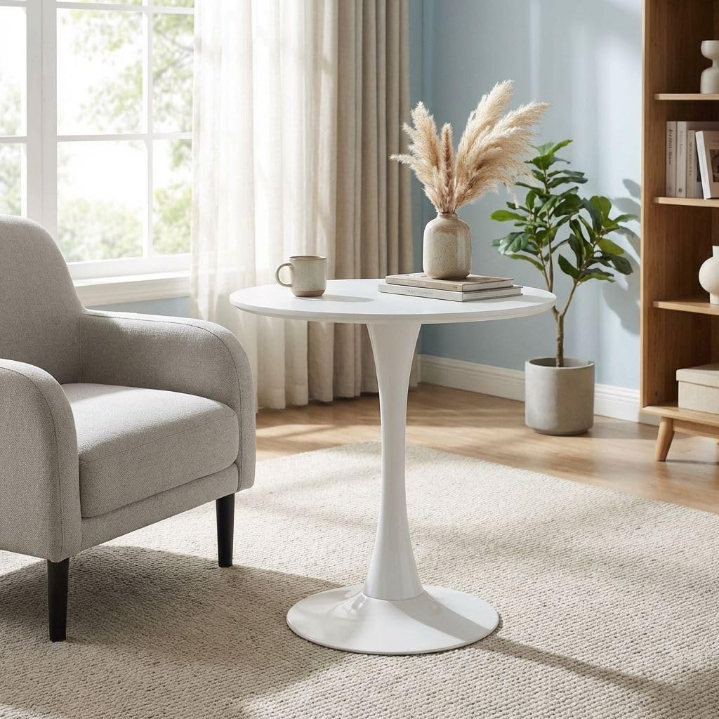 HEMAX Tavolo Tondo Moderno con Top in MDF 3D e Base in Metallo – bianco