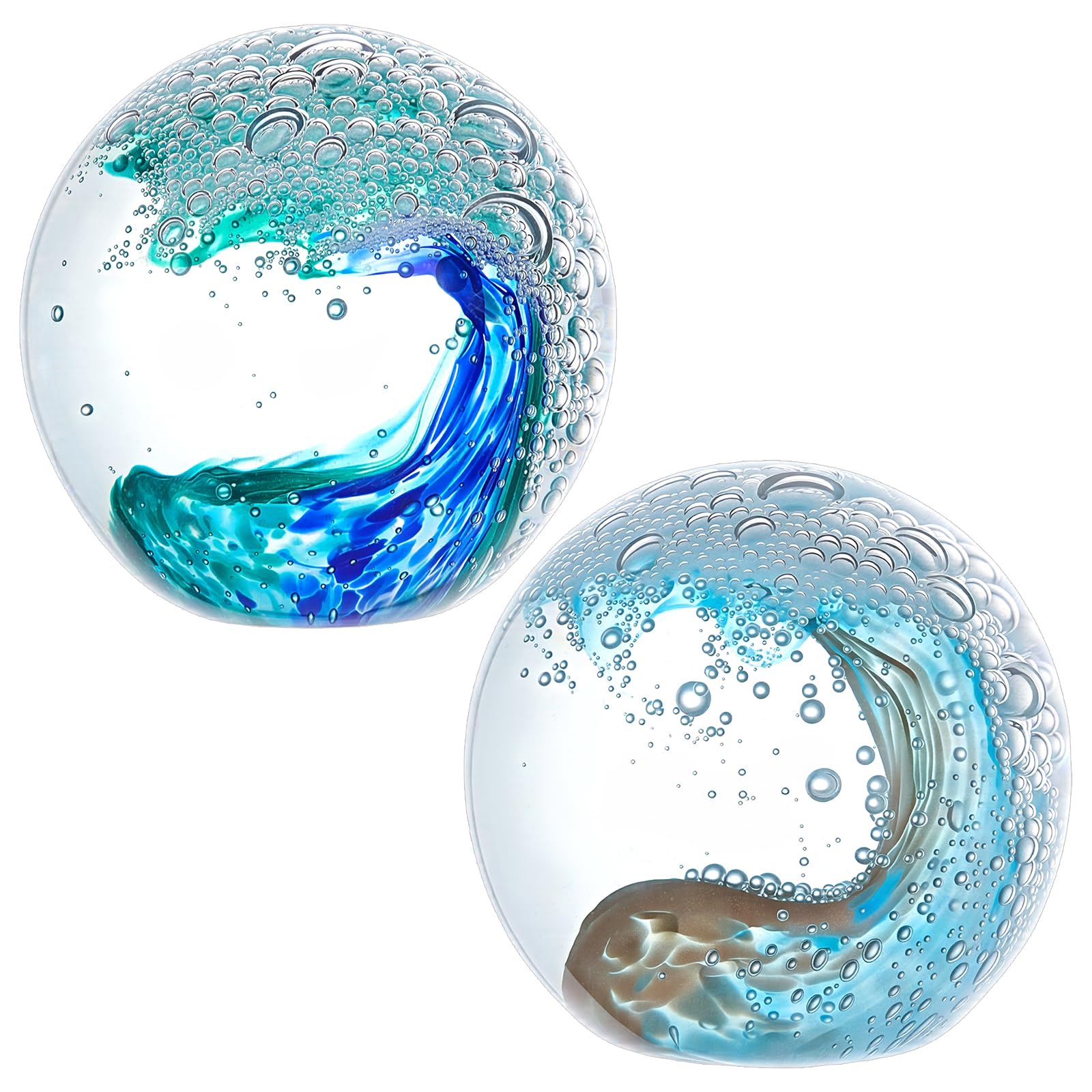 2 Stück Mundgeblasene Glaskugel In Form Einer Ozeanwelle Blaue Meereswellen Kristallfigur Briefbeschwerer Kugelförmiges Kristallkunstwerk Für Zuhause Büro Nautische Dekoration