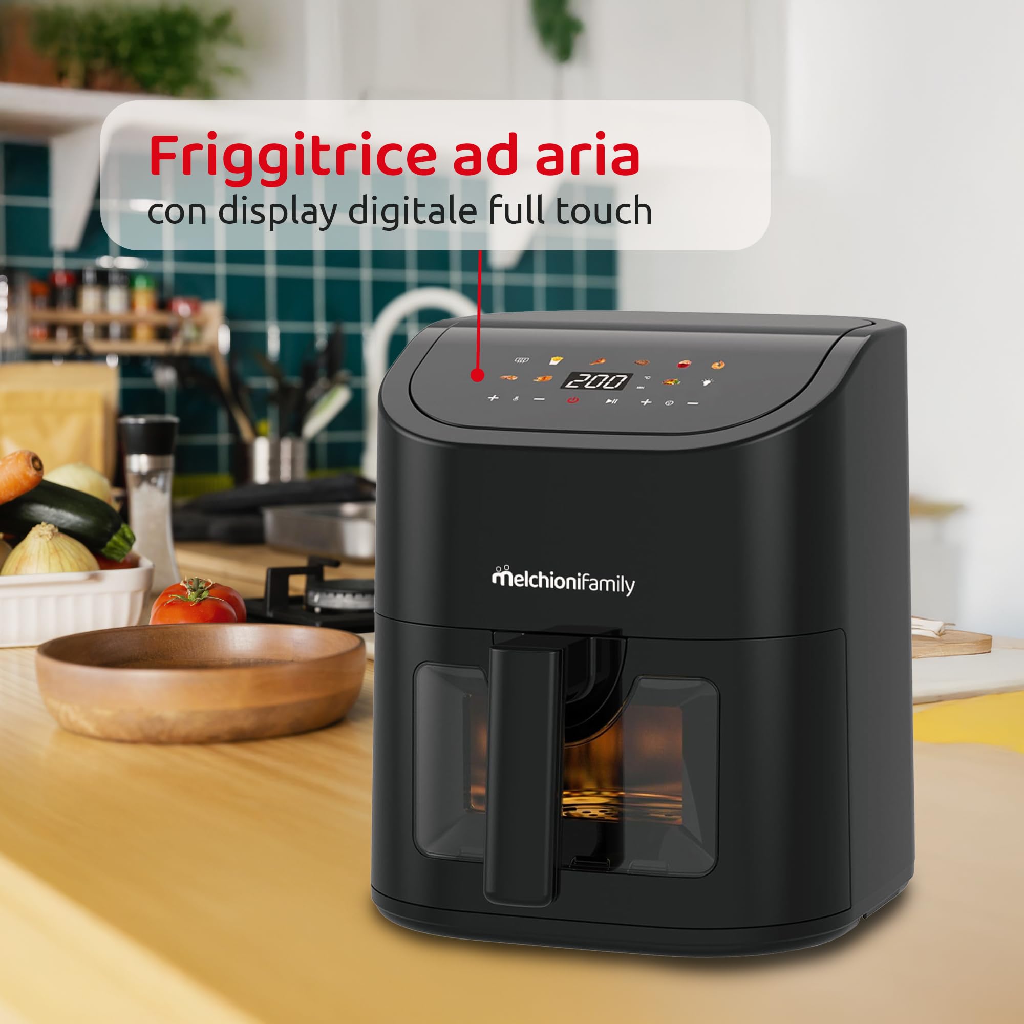 Melchioni Family | Friggitrice ad Aria Emma 5L, 8 Programmi, Display Touch, 1600W, Temperatura 50-200°C, Antiaderente, Compatta e Controllo Visivo